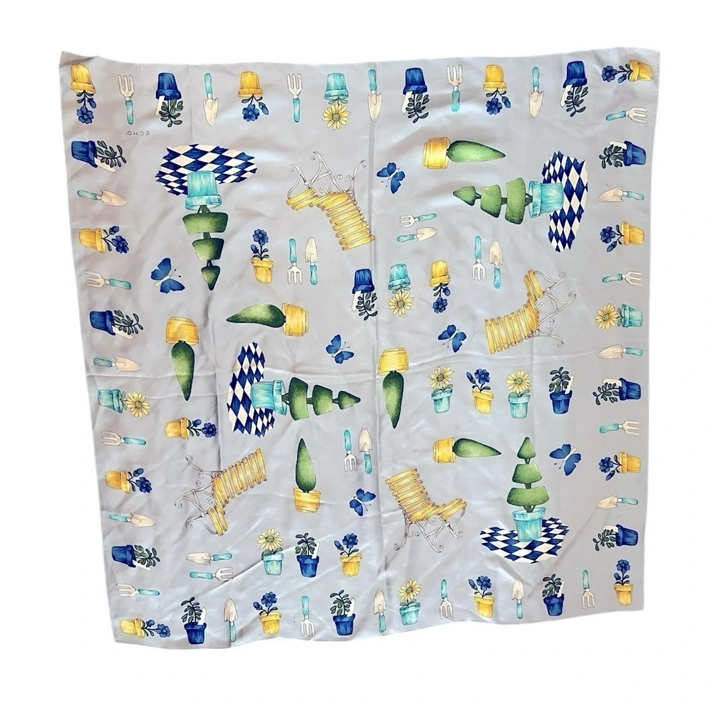 ECHO silk scarf with lawn & gardening theme, flowerpots, tools, topiary, blue